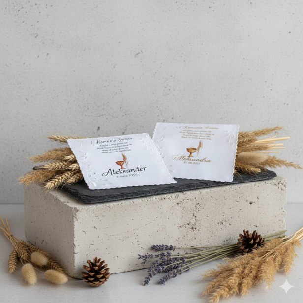 Chusteczka komunijna z imieniem i wierszem – satynowa pamiątka I Komunii Świętej