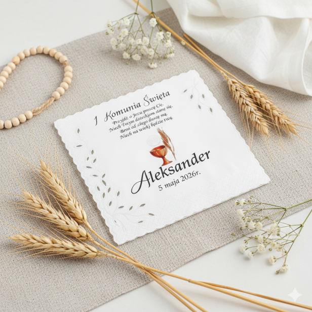 Chusteczka komunijna z imieniem i wierszem – satynowa pamiątka I Komunii Świętej