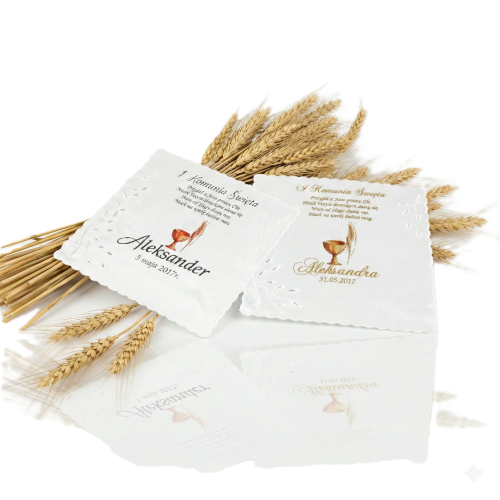 Chusteczka komunijna z imieniem i wierszem – satynowa pamiątka I Komunii Świętej