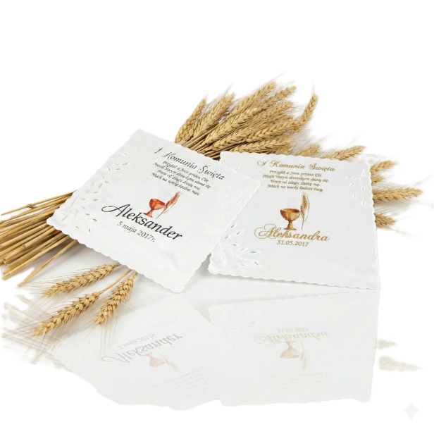 Chusteczka komunijna z imieniem i wierszem – satynowa pamiątka I Komunii Świętej