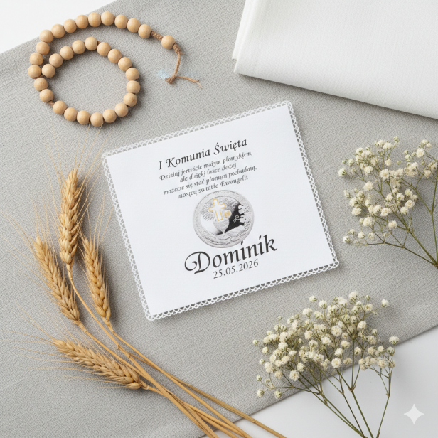 Chusteczka komunijna z emblematem IHS – personalizowana pamiątka I Komunii Świętej