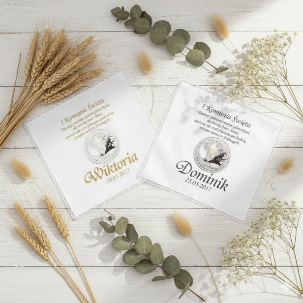 Chusteczka komunijna z emblematem IHS – personalizowana pamiątka I Komunii Świętej