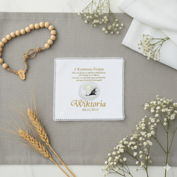 Chusteczka komunijna z emblematem IHS – personalizowana pamiątka I Komunii Świętej