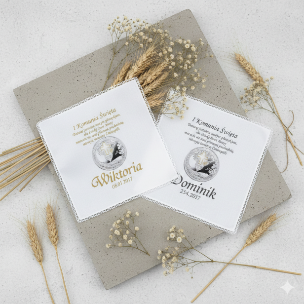 Chusteczka komunijna z emblematem IHS – personalizowana pamiątka I Komunii Świętej