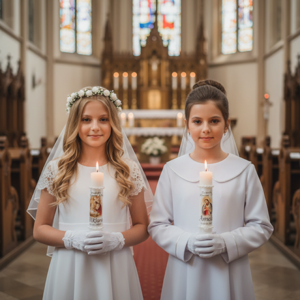 Świeca Komunijna IHS z Imieniem i Obrazkiem Jezusa – Dla Dziewczynki lub Chłopca