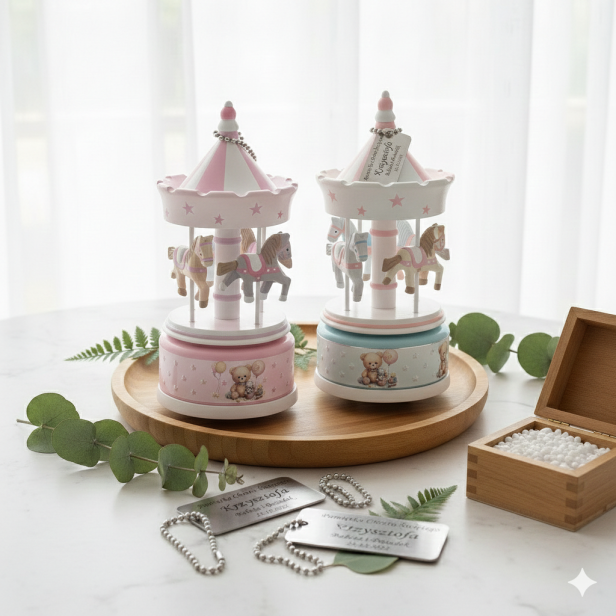 opcja z personalizacją -  Karuzela z pozytywką Różowa – CLASSIC | Linia BABY WOOD™