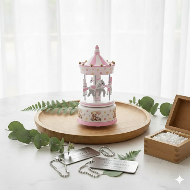 opcja bez personalizacji -  Karuzela z pozytywką Różowa – CLASSIC | Linia BABY WOOD™