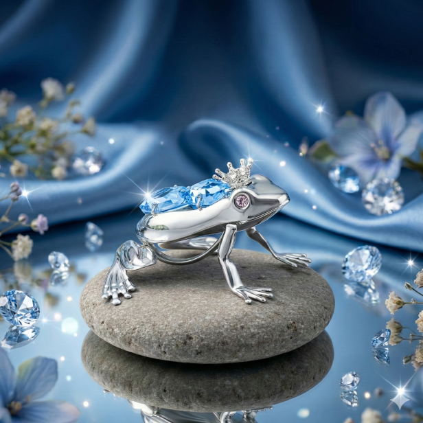 Swarovski „Zaczarowany Książę” – Posrebrzana figurka żabki z kryształami