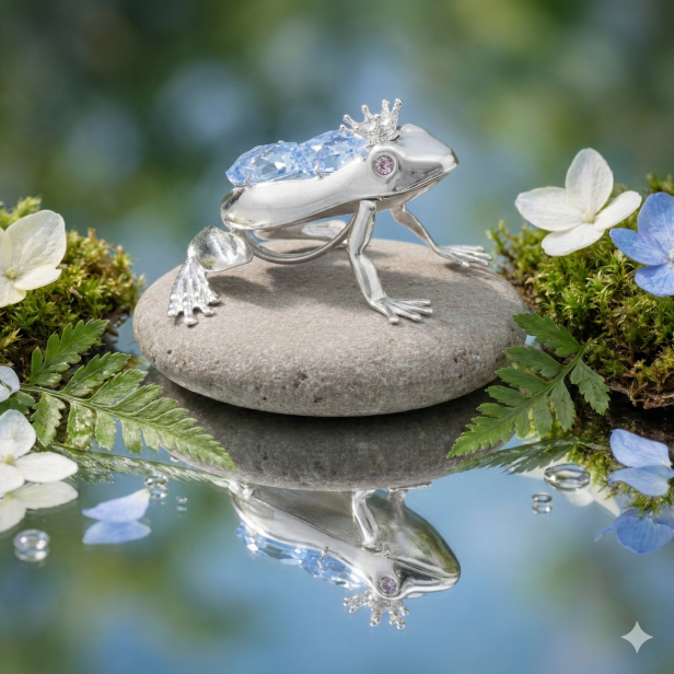 Swarovski „Zaczarowany Książę” – Posrebrzana figurka żabki z kryształami