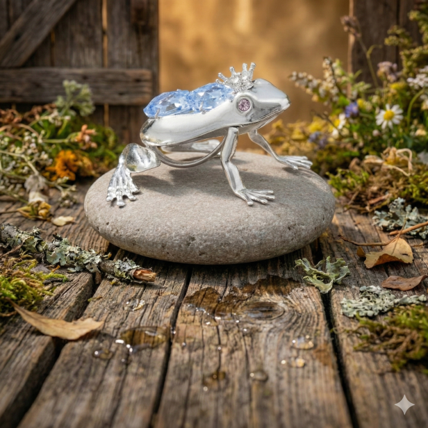 Swarovski „Zaczarowany Książę” – Posrebrzana figurka żabki z kryształami