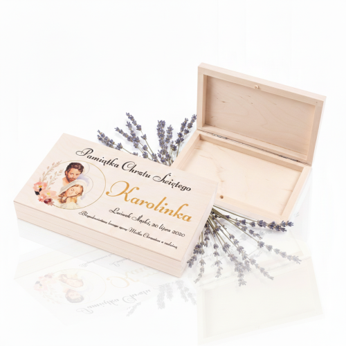 Pudełeczko drewniane 17×9,5×2,5 cm z nadrukiem – Pamiątka Chrztu Świętego