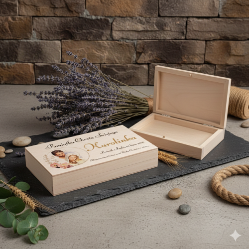 Pudełeczko drewniane 17×9,5×2,5 cm z nadrukiem – Pamiątka Chrztu Świętego