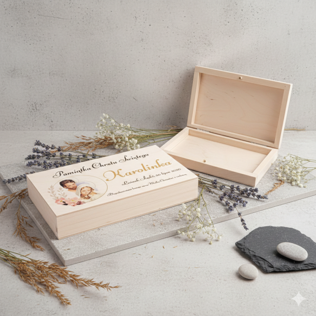 Pudełeczko drewniane 17×9,5×2,5 cm z nadrukiem – Pamiątka Chrztu Świętego