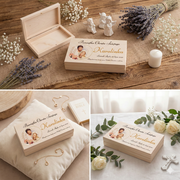 Pudełeczko drewniane 17×9,5×2,5 cm z nadrukiem – Pamiątka Chrztu Świętego