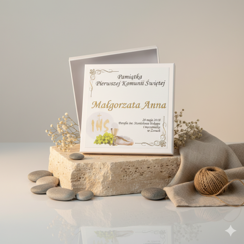 Pudełko komunijne GOLD – nadruk z imieniem | Pamiątka I Komunii Świętej
