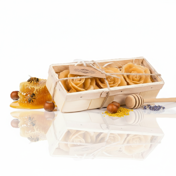 Zestaw 3 świec RÓŻA z wosku pszczelego w łubiance | Linia BEE WAX