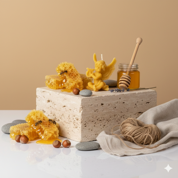 Świeca z wosku pszczelego – Aniołek z lirą | Linia BEE WAX