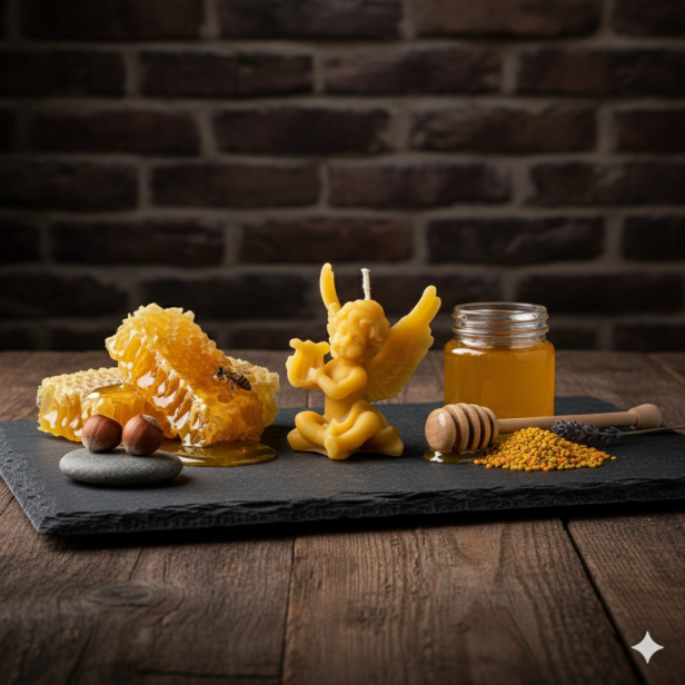 Świeca z wosku pszczelego – Aniołek z lirą | Linia BEE WAX