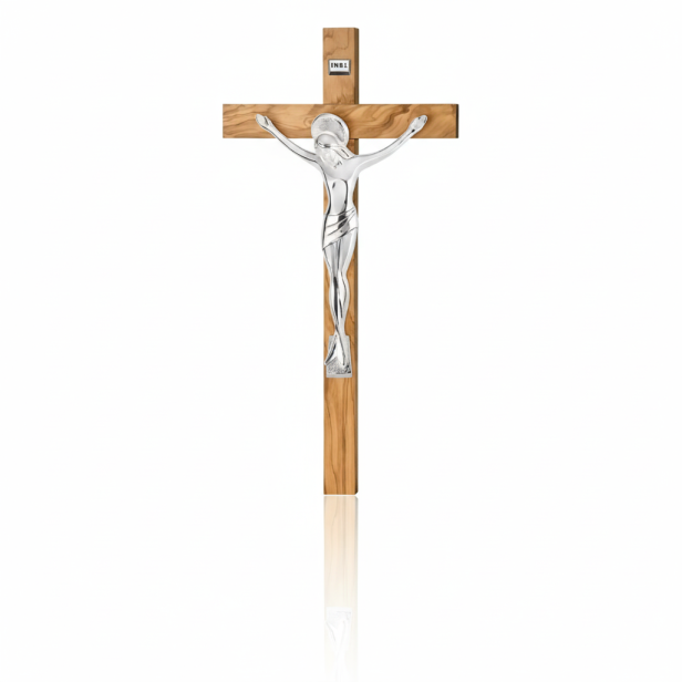 Włoski Krzyż Nowoczesny z drzewa oliwnego z Jezusem - 23cm