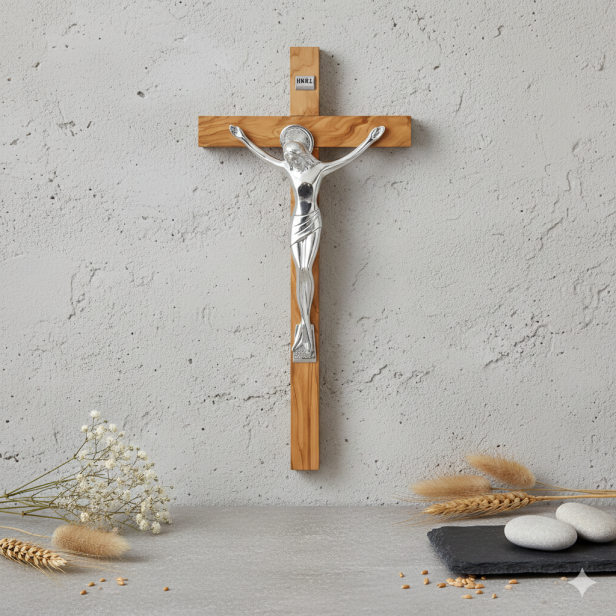 Włoski Krzyż Nowoczesny z drzewa oliwnego z Jezusem - 23cm