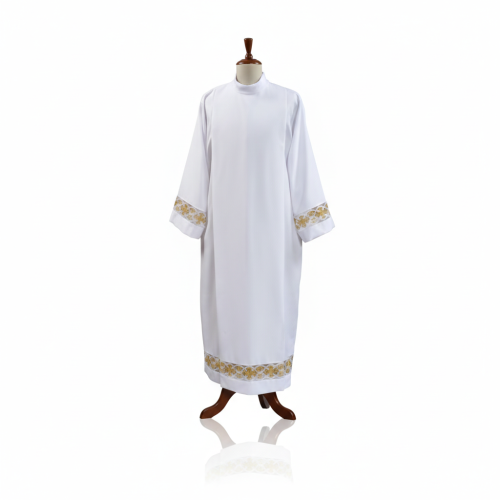 Alba kapłańska biała – biało-złota wstawka, krój rzymski | Szaty liturgiczne