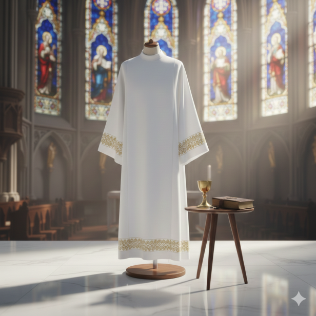 Alba kapłańska biała – biało-złota wstawka, krój rzymski | Szaty liturgiczne