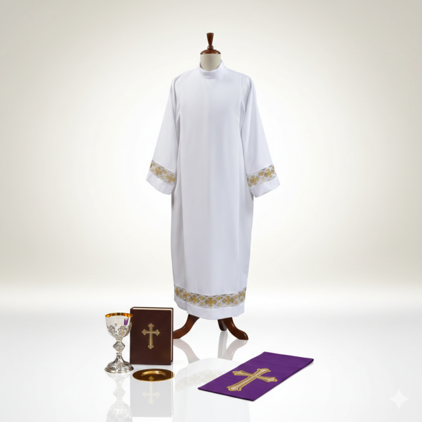 Alba kapłańska biała – biało-złota wstawka, krój rzymski | Szaty liturgiczne