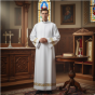 Alba kapłańska biała – biało-złota wstawka, krój rzymski | Szaty liturgiczne