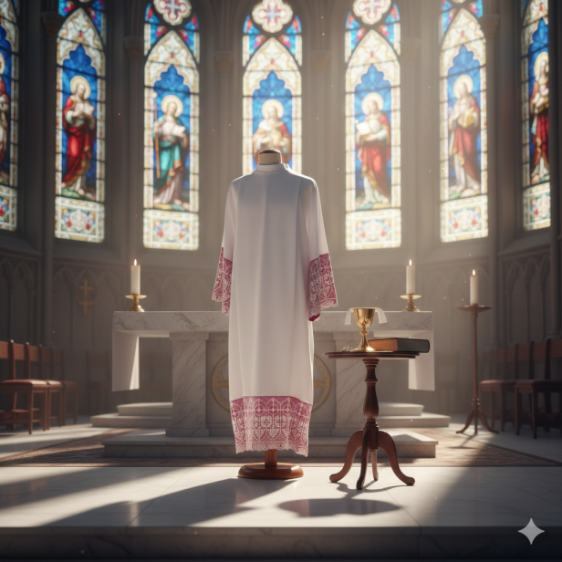 Alba kapłańska biała – gipiura i podbitka kanonicka | Szaty liturgiczne