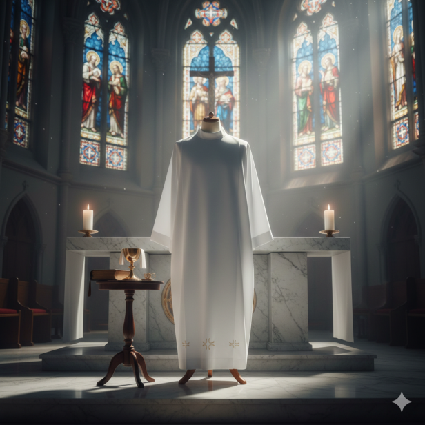 Alba kapłańska biała tropik – haft krzyż dolny centralny | Szaty liturgiczne