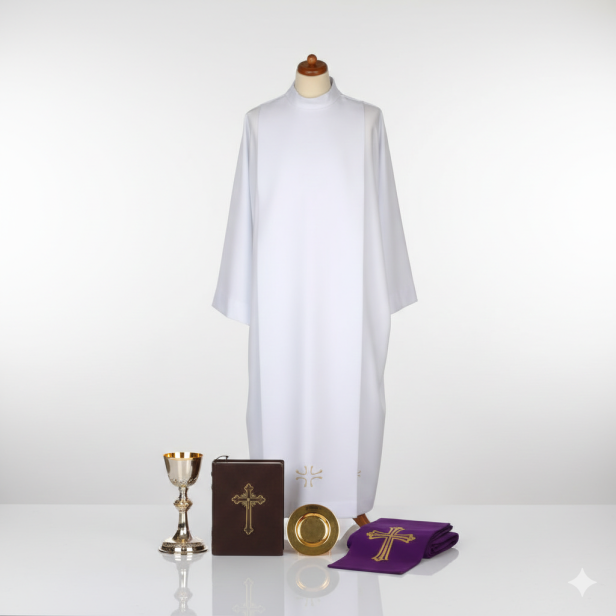 Alba kapłańska biała tropik – haft krzyż dolny centralny | Szaty liturgiczne