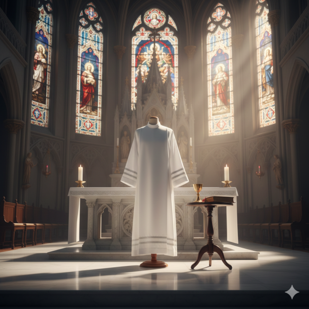 Alba kapłańska biała – haft maszynowy, krój rzymski | Szaty liturgiczne