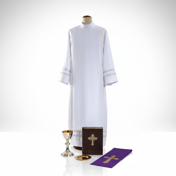 Alba kapłańska biała – haft maszynowy, krój rzymski | Szaty liturgiczne