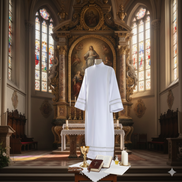 Alba kapłańska biała – haft maszynowy, krój rzymski | Szaty liturgiczne