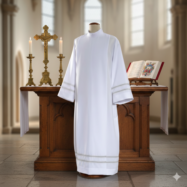 Alba kapłańska biała – haft maszynowy, krój rzymski | Szaty liturgiczne