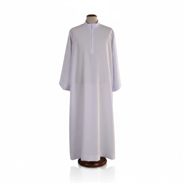 Alba kapłańska biała tropik – krój prosty, zapięcie z przodu | Szaty liturgiczne
