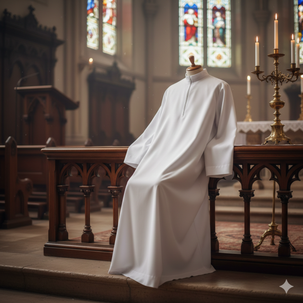 Alba kapłańska biała tropik – krój prosty, zapięcie z przodu | Szaty liturgiczne