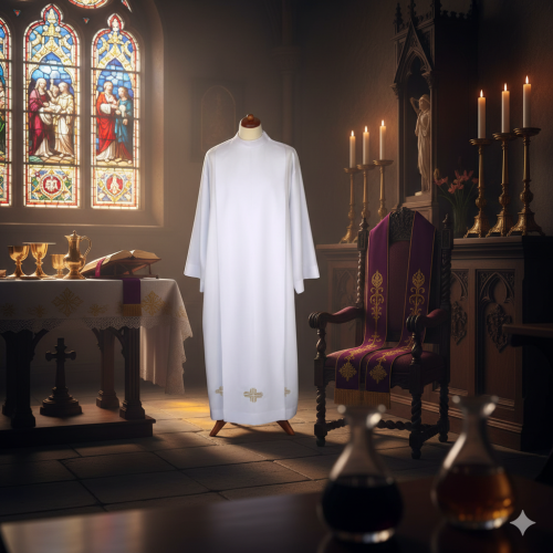 Alba kapłańska biała tropik – hafty dolne, krój rzymski | Szaty liturgiczne