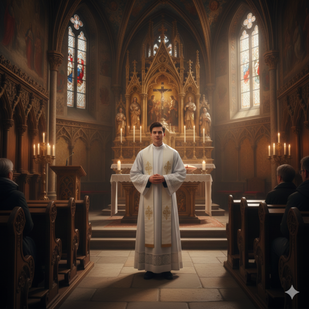 Alba kapłańska biała – wstawka IHS, krój rzymski | Szaty liturgiczne