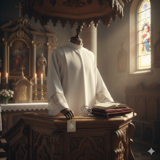 Alba kapłańska biała – wstawka IHS, krój rzymski | Szaty liturgiczne