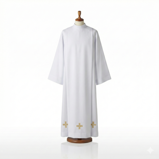 Alba kapłańska biała – złoty haft, krój rzymski | Szaty liturgiczne