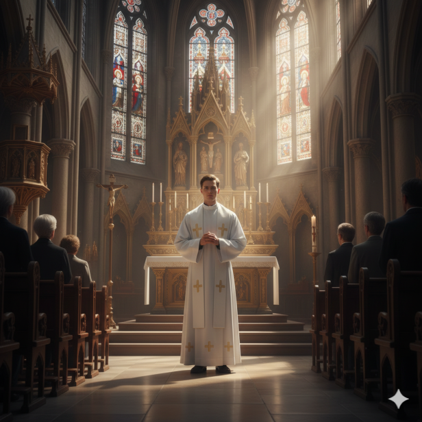 Alba kapłańska biała – złoty haft, krój rzymski | Szaty liturgiczne