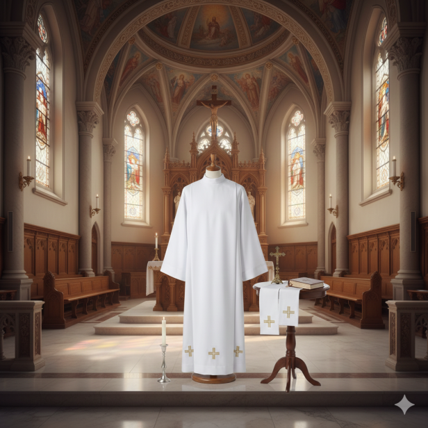Alba kapłańska biała – złoty haft, krój rzymski | Szaty liturgiczne