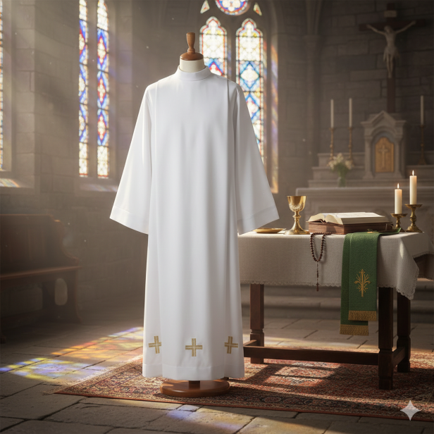 Alba kapłańska biała – złoty haft, krój rzymski | Szaty liturgiczne