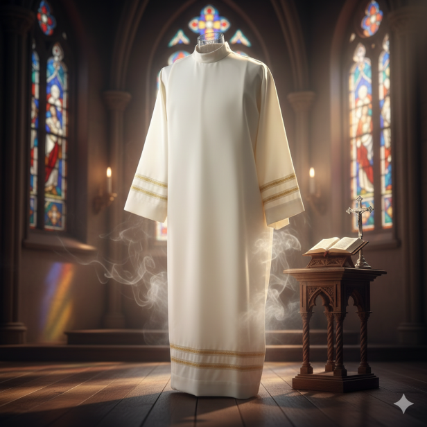 Alba kapłańska ecru – haft maszynowy, krój rzymski | Szaty liturgiczne