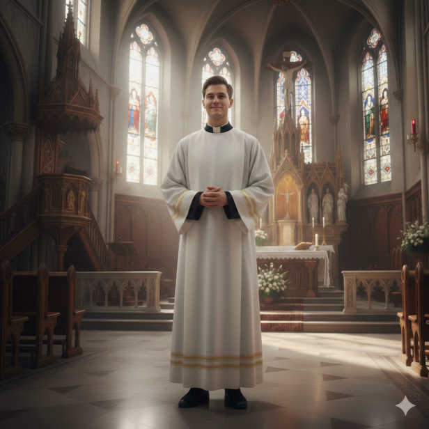 Alba kapłańska ecru – haft maszynowy, krój rzymski | Szaty liturgiczne