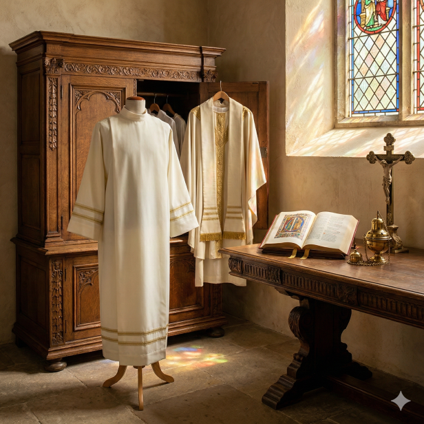 Alba kapłańska ecru – haft maszynowy, krój rzymski | Szaty liturgiczne