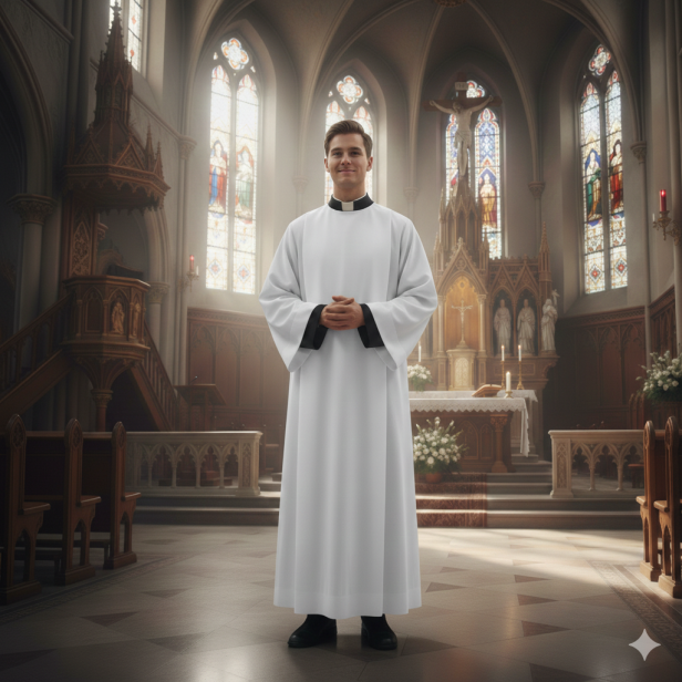 Alba kapłańska haftowana biała – krój rzymski, tropik | Szaty liturgiczne