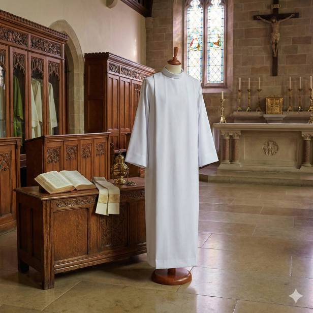 Alba kapłańska haftowana biała – krój rzymski, tropik | Szaty liturgiczne