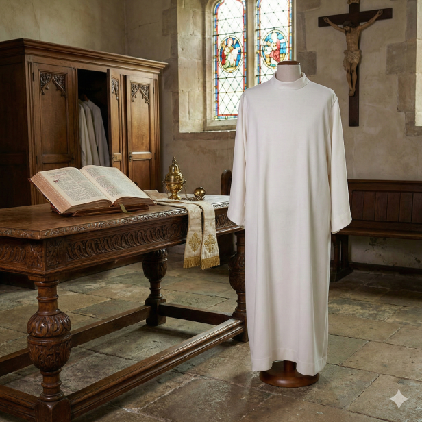 Alba kapłańska len bielony – krój prosty | Szaty liturgiczne